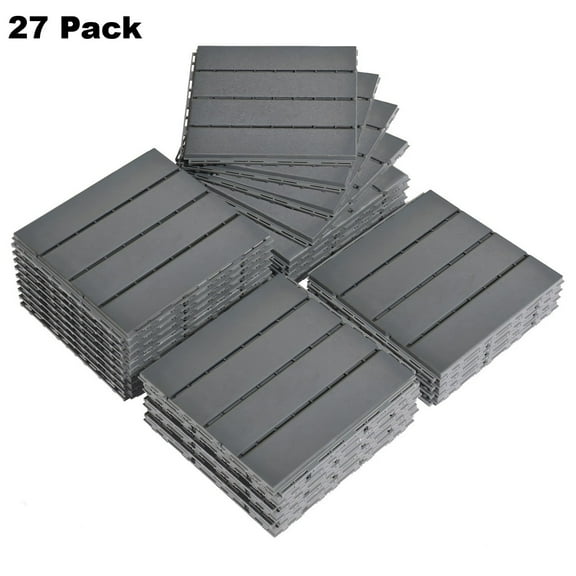 IVV 27 Pack Waterproof Plastic Interlocking Deck Tiles, 11.4" Square Patio Floor Tiles for Indoor/Outdoor, Easy Snap Install, Ideal for Porch, Balcony, Backyard, Pool Area， Dark Grey
