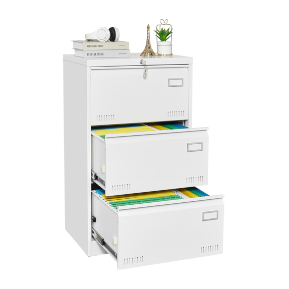 IVV 3 Drawer Lateral File Cabinet with Lock, White Horizontal Metal Filing Cabinet, Wide Three-Drawer File Cabinet for Office Home, Fits A4/F4/Letter/Legal File