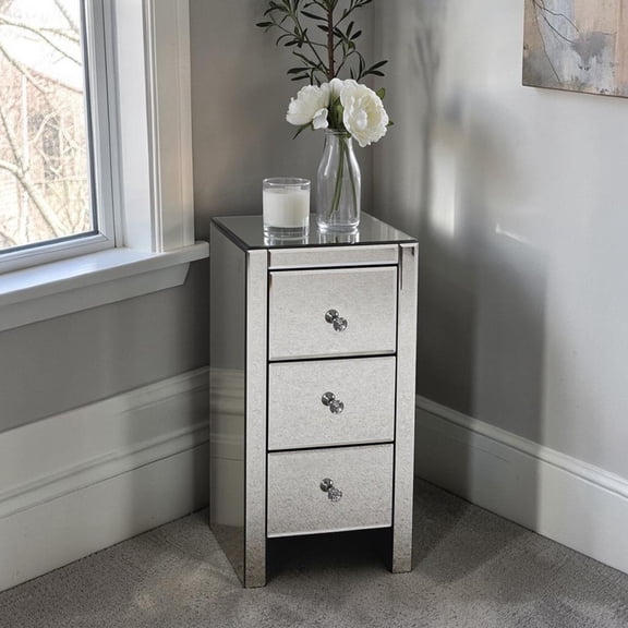 IVV 3-Drawer Mirrored Bedside Table, Glam Silver Nightstand with Crystal Knobs, Accent Bedroom Furniture, 11.81"L x 11.81"W x 23.62"H