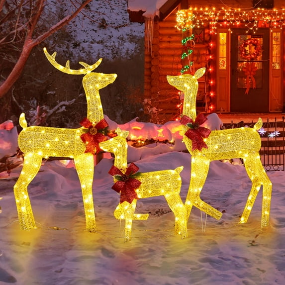 IVV 3-Piece Christmas Lighted Reindeer Family Set, Xmas Pre-Lit Deers with 200 Warm White LED Lights, Red Bows & Ground Stakes, All-Weather Festive Decoration for Indoor Outdoor (Gold)