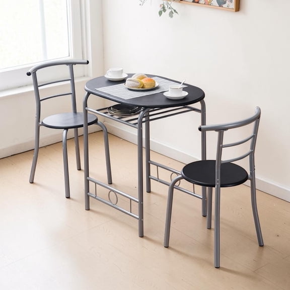 IVV 3 Piece Dining Set for 2, Compact Breakfast Table with Storage Rack and 2 Chairs for Small Space/Dining Room/Apartment,Metal Frame, Black