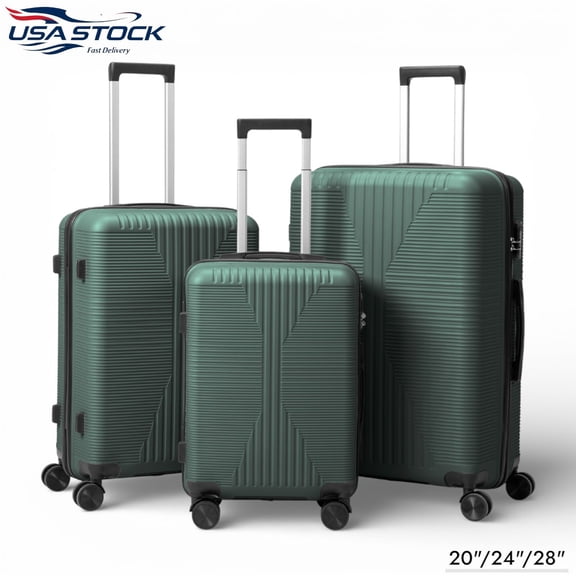 IVV 3 Piece Luggage Set, Hardside Lightweight PP Suitcase Set with Spinner Wheels, Non-TSA Lock, Adjustable Handle, (20"/24"/28", Dark Green)
