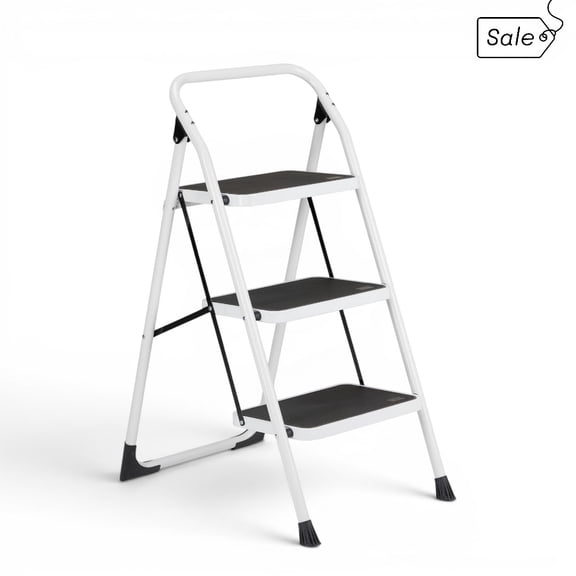 IVV 3 Steps Iron Ladder, Portable Steel Step Stool, Short Handrail Folding Step Stool with Anti-Slip Pedal, Black & White