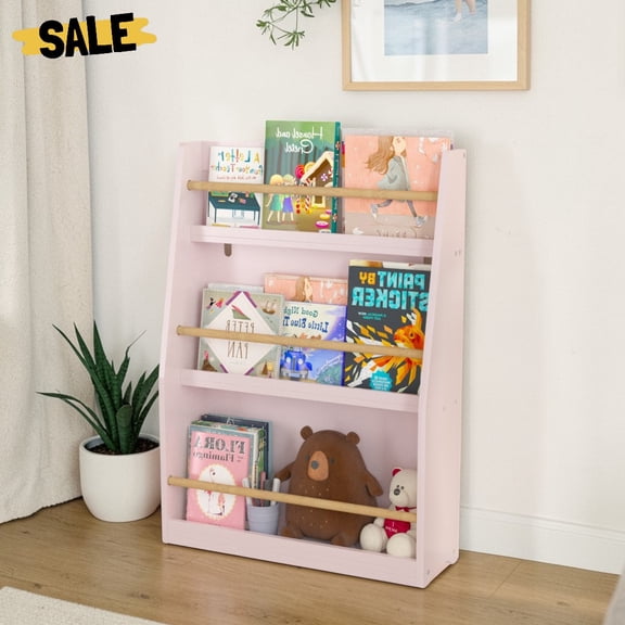 IVV 3-Tier Bookcase, Small Display Bookshelf w/ Anti-Drop Bars, for Bedroom or Playroom, 22.83"L x 7.08"W x 31.88"H, Pink