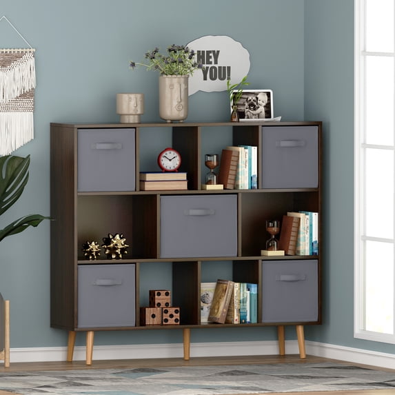 IVV 3-Tier Bookshelf, Wide Bookcase with 5 Fabric Drawers, Modern Book Shlef Storage Organizer Display Rack for Living Room, Entryway, Office, Brown