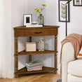thumbnail image 1 of IVV 3 Tier Corner Table  Triangle End/side Table With Storage Drawer And Open Shelf For Small Space Living Room	 Brown Rubber, 1 of 15