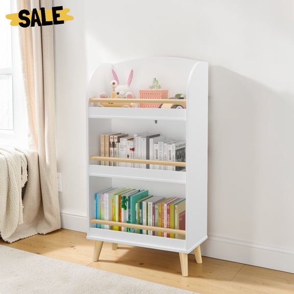 IVV 3-Tier Small Bookcase, Modern Bookshelf Display Storage Rack with Solid Wood Legs, for Home Office, Living Room, Bedroom - White