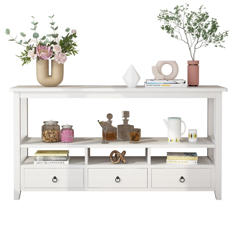 Antique White Wood Console Table with Storage Drawers and Shelves