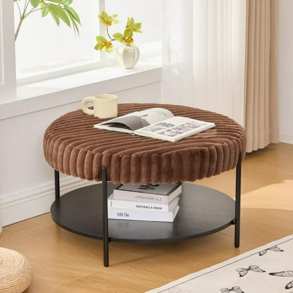 IVV 30.9" Round Faux Fur Ottoman Coffee Table with Storage Shelf, Upholstered Footstool with Metal Legs, for Living Room, Bedroom, Entryway, Brown