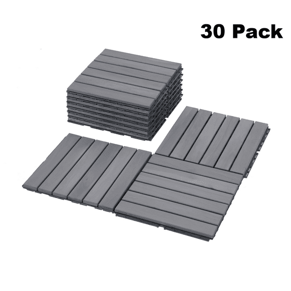 IVV 30 Pack Acacia Wood Interlocking Deck Tiles in Striped Pattern, 12"x12" Light Gray Outdoor Flooring, Waterproof Patio Tiles for Balcony, Porch, Garden, Poolside