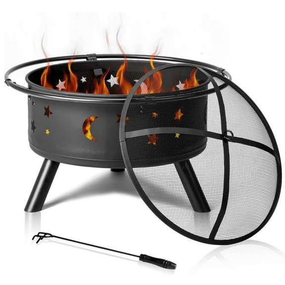 IVV 30in Fire Pits for Outside, Wood Burning Outdoor Fireplace with Spark Screen, Poker for Bonfire Patio Backyard Garden Picnic (Black)