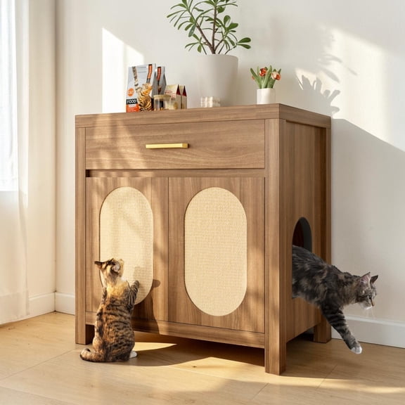 IVV 31.5" Hidden Cat Litter Box Cabinet with Drawer, Side Entrance & Sisal Scratching Panels on Doors, Farmhouse Wooden Pet House Side Table, Espresso Finish