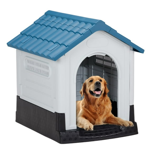IVV 31.5" Large Plastic Dog House, Outdoor Indoor Doghouse Puppy Shelter, Water Resistant Easy Assembly Sturdy Dog Kennel with Air Vents and Elevated Floor (31.5"L x 26.5"W x 31"H, Blue)