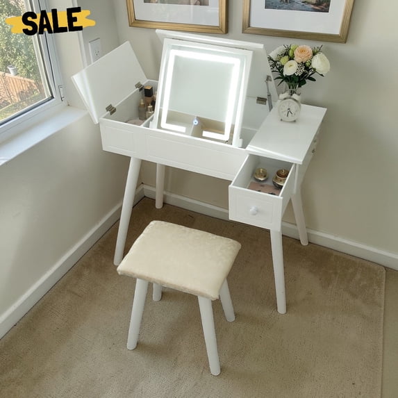 IVV 31.5" Vanity Desk with Flip-Top Mirror and Light, 2-in-1 Compact Makeup Dressing Set with Hidden Compartment and Storage Drawer, Padded Stool Included, White