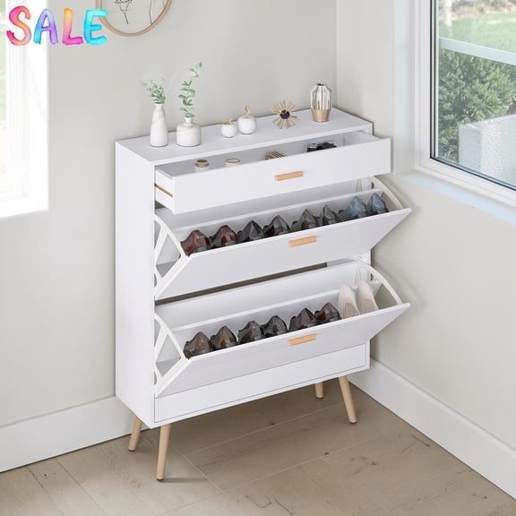 IVV 31.5"W Shoes Storage Cabinet, Modern White Freestanding Shoes Rack Organizer with 1 Sliding Top Drawer & 2 Flip Drawers, for Heels, Boots, Slippers in Living Space