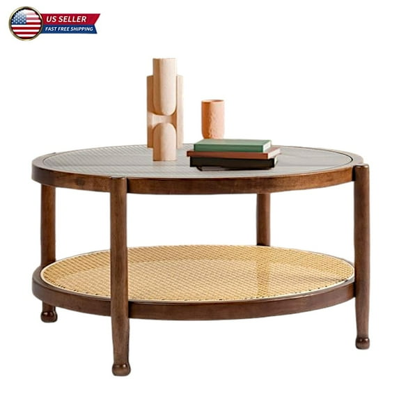 IVV 31.5in Glass-Top Coffee Table with Rattan Shelf & Rubberwood Frame – Boho Style Round Patio Table for Living Room & Balcony (Walnut)