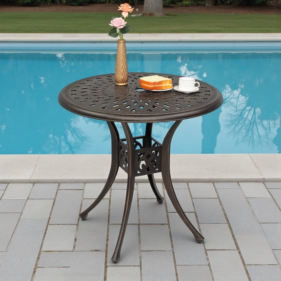 IVV 31 inch Diameter Outdoor Round Patio Bistro Dining Table Cast Aluminum with Umbrella Hole Conversation Table, Bronze