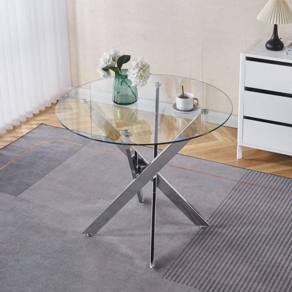IVV 35.4" Round Glass Dining Table with Chrome Cross Metal Legs, Modern Tempered Glass Kitchen Table for Small Spaces, Dining Room or Living Room