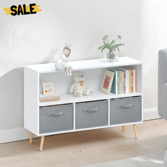 IVV 35.43" Wide Wooden Storage Bookcase with 3 Removable Folding Fabric Drawers & Pine Wood Legs, Freestanding Bookshelf Display Rack Organizer for Bedroom (Gray+White)
