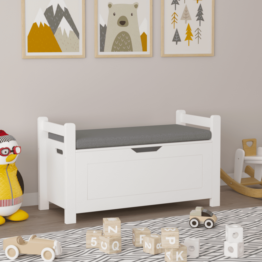 IVV 35"W Storage Chest, Wooden Storage Bench with Seating Cushion, Lift Top Toy Chest with Safety Hinges, Entryway Shoes Bench for Living Room, Bedroom, White