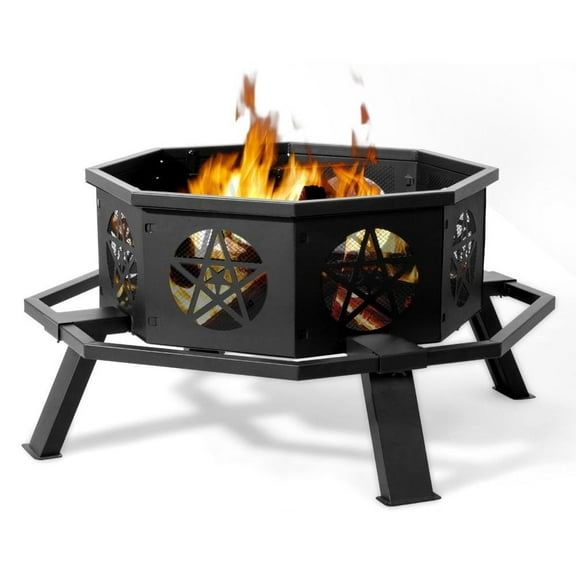 IVV 35 inch Fire Pit for Outside, Heavy Duty Wood Burning Fire Bowl, Outdoor Fireplace Octagonal Firepit for Camping, Backyard, Patio (Black)