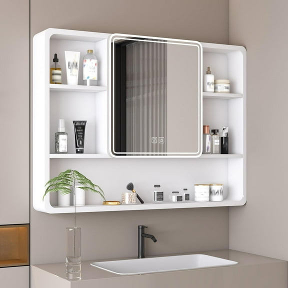 IVV 35"x28" Lighted Medicine Cabinet with Mirror, AL Alloy Frame Rounded Corner, Recessed/Surface Mounted Bathroom Cabinet, 3 Colors/Dimmable/Memory/Defog, Makeup Rack and Hair Dryer Holder (White)