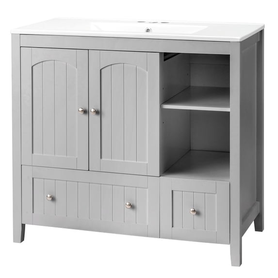 IVV 36" Bathroom Vanity with White Ceramic Sink Combo, Modern Storage Cabinet with 2 Drawers, 2 Doors, Open Storage & Adjustable Shelf, Freestanding Bathroom Vanities Set, Gray