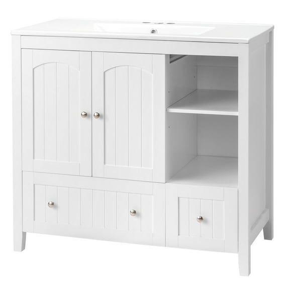 IVV 36" Bathroom Vanity with Sink Set, Modern Vanity Base Cabinet with Ceramic Basin, Extra Large Storage with 2 Doors & 2 Drawers, White