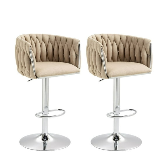 IVV 360° Swivel Barstools Set of 2, Adjustable Counter Height Bar Stools with Woven Backs and Stable Silver Base, Fabric Kitchen Stools for Island, Yellow