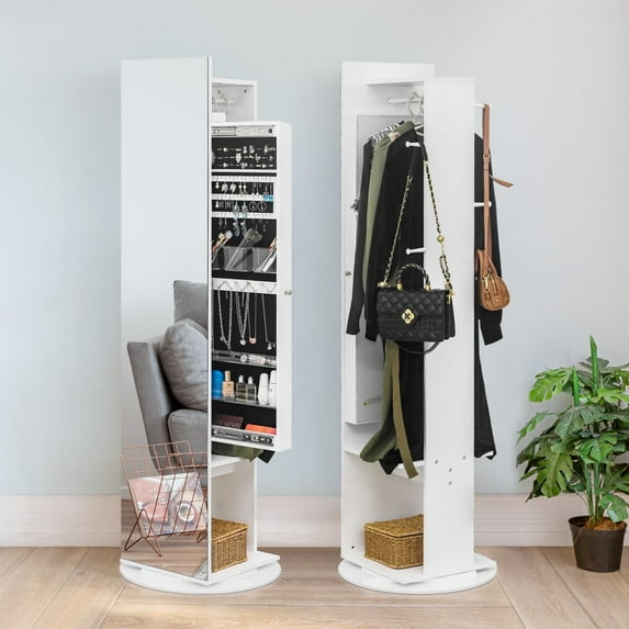 IVV 360°Swivel Full-Length Mirror Jewelry Cabinet Armoire, White full Body Mirror with Jewelry Storage, Large Floor Jewelry Organizer for Bedroom, w/Coat Rack, Shelves