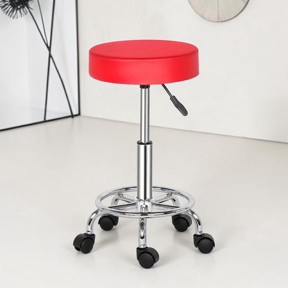 IVV 360° Swivel Round Stool with PU Leather Seat & Chrome Base & 5 Rolling Casters, 19.69"-25.39" Height Adjustable Padded Stool for Home Bar, Kitchen Counter, or Office (Red)