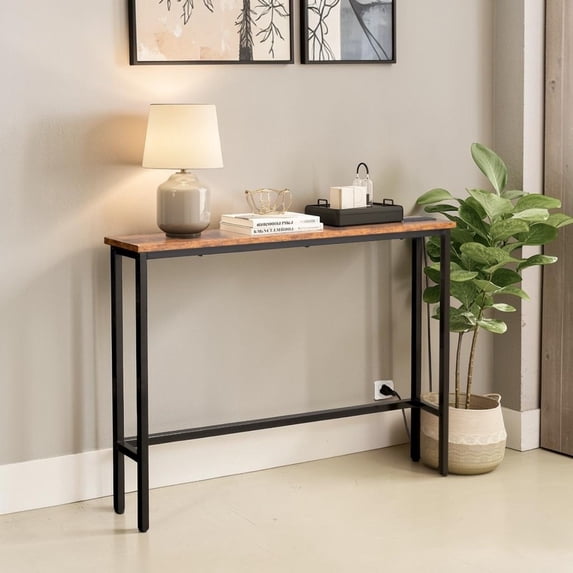 IVV 39.4" Narrow Console Table with Charging Station (2 AC Outlets & 2 USB Ports), Slim Metal Frame Sofa Table with Anti-Tip Device & Adjustable Feet, for Living Room Apartment, Rustic Brown