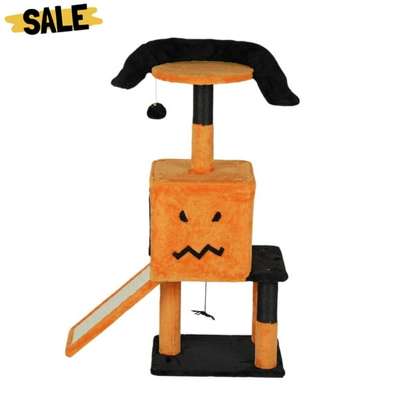 IVV 39" Halloween Cat Tree, Multi-Level Cat Tower with Spacious Condo, Round Perch, Scratching Posts, Ladder & Hanging Toys, Orange & Black