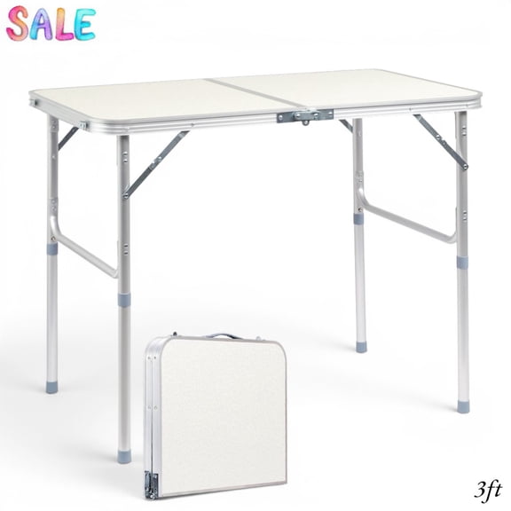 IVV 3FT Folding Table, Height-Adjustable Camping Table with Aluminum Frame, Indoor/Outdoor Utility Table for Dining, Picnic, BBQ, White