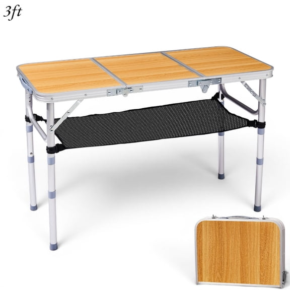 IVV 3ft Folding Camping Table w/ Storage Mesh, Height-Adjustable Aluminum Frame Outdoor Picnic Table, for BBQ, Beach & Travel (Wood Grain)