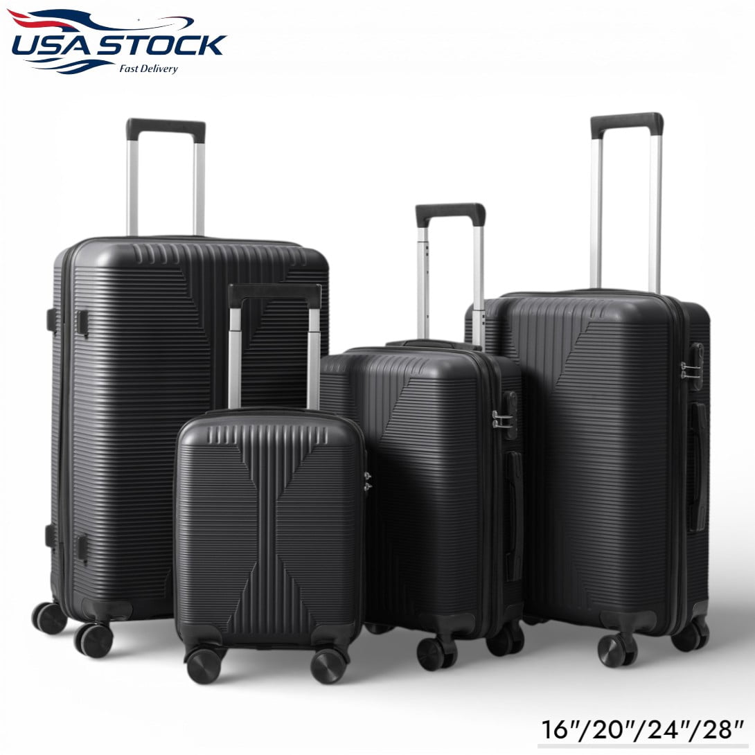 IVV 4 Piece Luggage Sets for Travel, Hardshell Suitcase with Spinner Wheels (16/20/24/28 Inch), Lightweight Carry On & Checked Luggage for Family Vacation (Black)