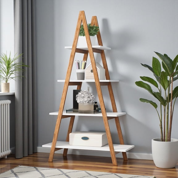 IVV Modern Bookshelf, Wooden 4-Tier Open Display Storage Rack Ladder Plant Stand for Bedroom Living Room Balcony Apartment, White