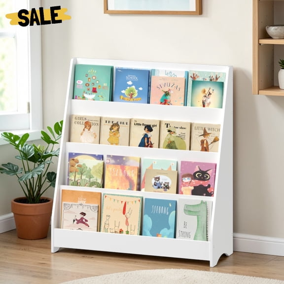 IVV 4-Tier Floor Standing Wooden Bookcase, Books/Magazines Holder Display Shelf Organizer for Bedroom, Playroom, Living Room, 31.49"L x 11.81"W x 34.64"H, White