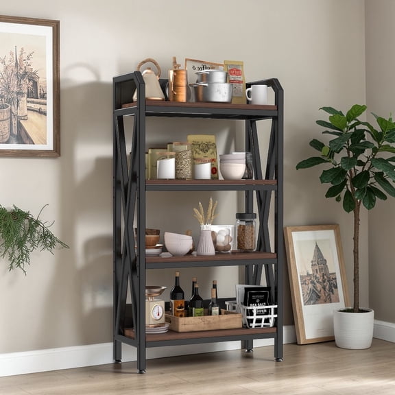 IVV 4-Tier Industrial Bakers Rack, 240lbs Per Shelf, Heavy Duty Kitchen Storage Shelf with Steel Frame and Wood Boards, Farmhouse Pantry Organizer, 33.5"L x 15.9"W x 55.1"H, Black and Brown