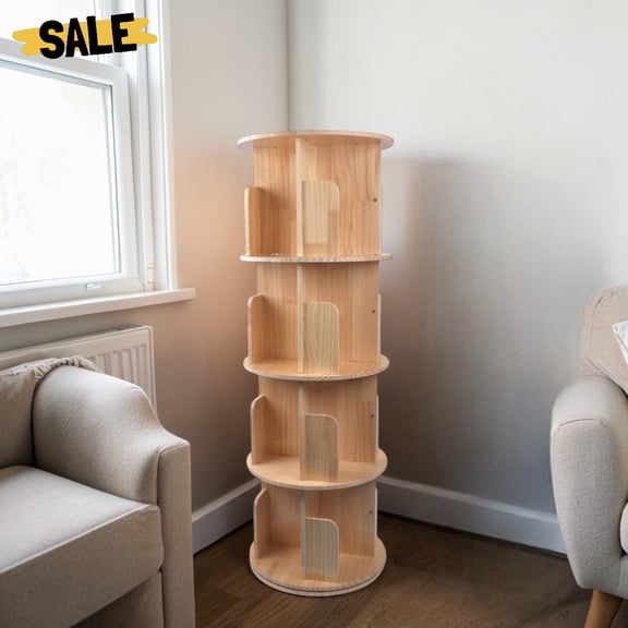 IVV 4-Tier Rotating Bookshelf, 360° Display Storage Rack Organizer with Baffle Design, 50.79"H Floor Standing Wooden Bookcase, for Bedroom, Living Room, Study Room (Natural)