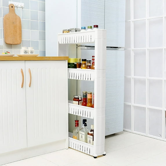 IVV 4 Tiers Narrow Storage Shelf with Wheels, Movable Plastic Sofa Side Storage Rack for Home Small Places, White