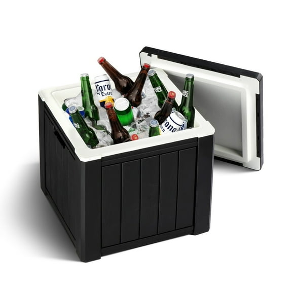 IVV 4-in-1 Cooler Cocktail Side Table, 10 Gallon Portable Ice Chest with Built-in Handle, Multifunctional Ice Cooler, Square Patio Bar Table Stool for Outdoor Camping, Fishing, Picnic (Black)