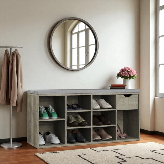 IVV 40.9" Entryway Shoe Bench with Padded Cushion, Modern Farmhouse Storage Shoe Rack Organizer with 1 Drawer and 9 Cubbies, for Entryway, Bedroom, Mudroom Gray