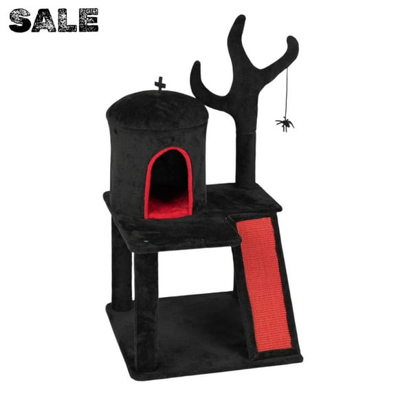 IVV 40.95"H Gothic Halloween Cat Tree Tower with Dome Condo, Branch Scratching Post & Ladder, and Hanging Spider Toy for Indoor Cats, Black & Red
