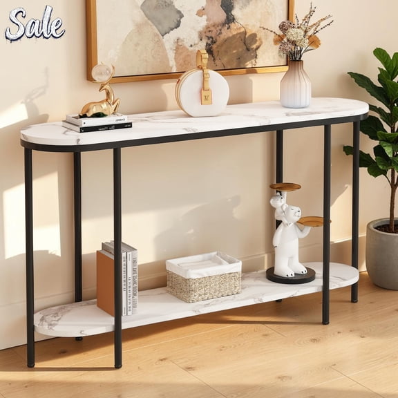 IVV 42" Entryway Console Table, 2-Tier Sofa Table with Open Storage Shelf, Behind Couch Table with Faux Marble Top and Metal Frame for Hallway, Foyer, Living Room, White & Black