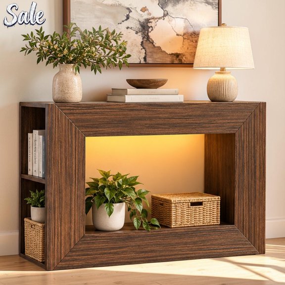 IVV 43 Inch Console Table, Entryway Table with RGB LED Lights & Remote Control, Modern Foyer Table with Side Shelves for Hallway, Living Room, Walnut