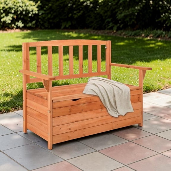 IVV 44.1-Inch Cedar Yard Storage Bench with Backrest & Armrests, Outdoor Garden Bench with Hidden Storage - Bright Orange Red Finish, Weather-Resistant for Patio, Deck, or Porch