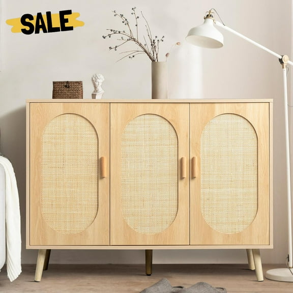 IVV 44.5"W Modern Shoe Storage Cabinet with 3 Rattan Doors and Adjustable Shelves, Natural Wood Accent Cabinet for Living Room, Bedroom, Hallway, or Kitchen