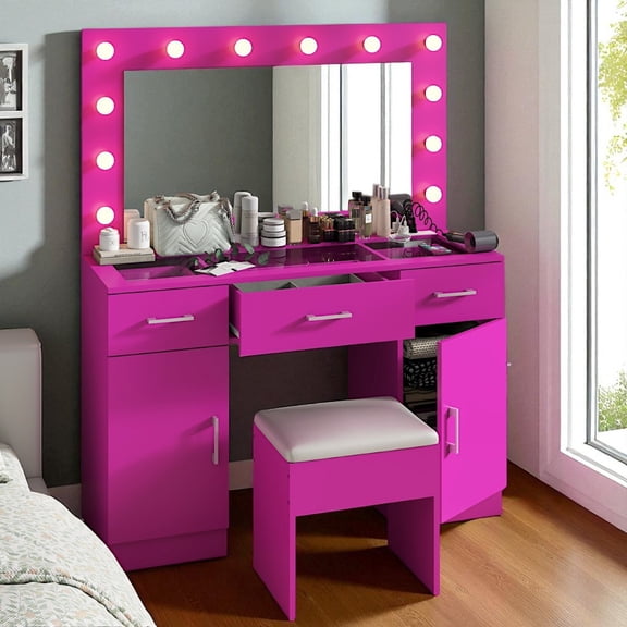 IVV 45.3"W Vanity Set with Large Mirror and 12 LED Bulbs, Charging Station, Visible Glass Top, 3 Drawers & Storage Cabinet, Modern Dressing Table with Padded Stool for Bedroom - Pink