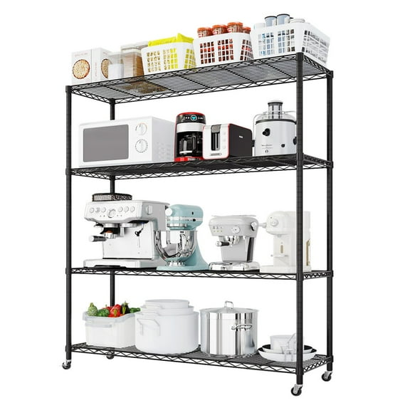 IVV 46.06''W Storage Shelves, 4 Tier Steel Wire Shelving Unit on Wheels, 800LBS Adjustable Metal Shelves for Kitchen, Pantry, Office, Garage, Closet, Commercial Use (Black)